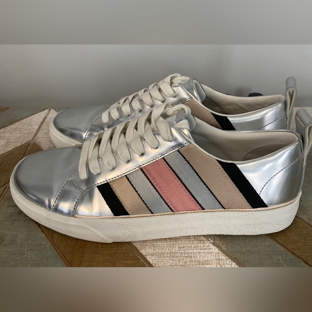 Diane Von Furstenberg Silver Sneakers with Pink, Beige & Black Stripes